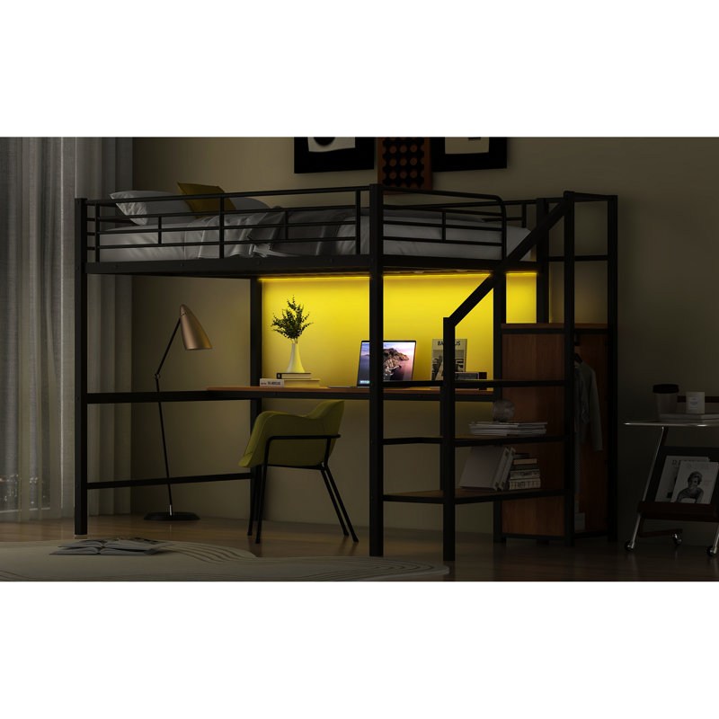 Lit mezzanine pleine grandeur en métal avec bureau, escalier de rangement, petite armoire, éclairage à DEL confortable et élégant