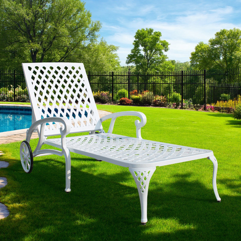Adjustable Cast Aluminum Patio Chaise Lounge with Wheels and Reclining Backrest, White
