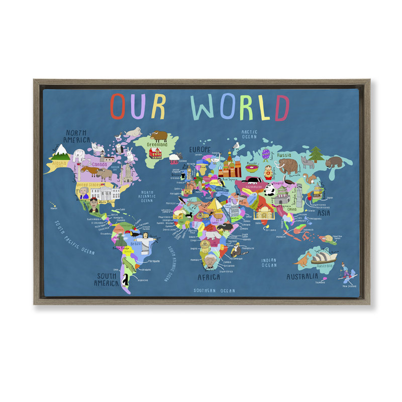 Our Our World Map, toile flottante encadrée par Carla Daly, Cadre flottant orme Montalcino, H 17 po x l 25 po