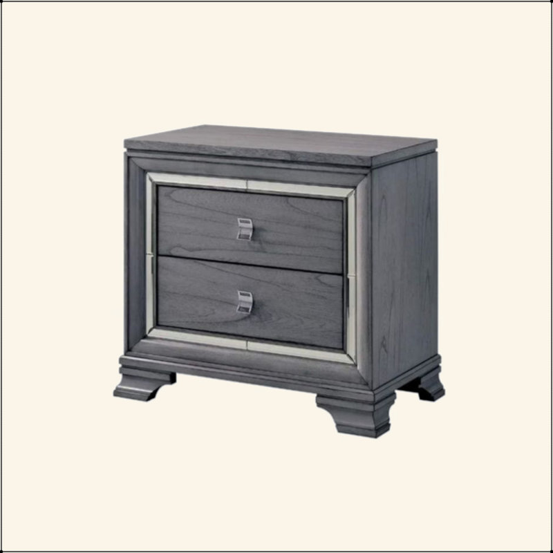Table de chevet 2 tiroirs en bois avec bordure miroir, gris clair