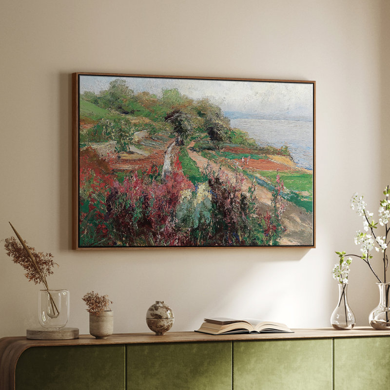 Paysage rétro - CCxxxix, Toile encadrée noyer flottant, H 27 po x l 41 po x P 2 po