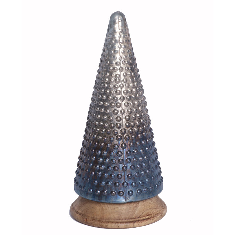 Arbre en verre sur base en bois, Gris / bleu / brun, H 14,2 po x l 7,1 po x P 7,1 po