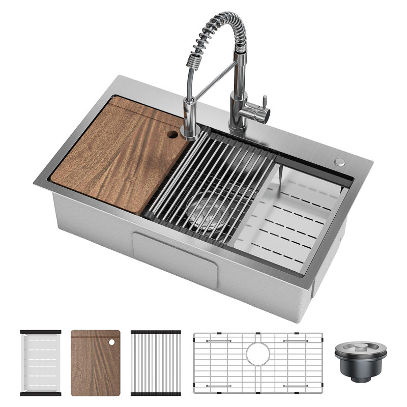 Belfry Kitchen W Single Bowl Stainless Steel Console Kitchen Sink with 1 Faucet Hole, 280mm H x 817mm L x 512mm W, Beige