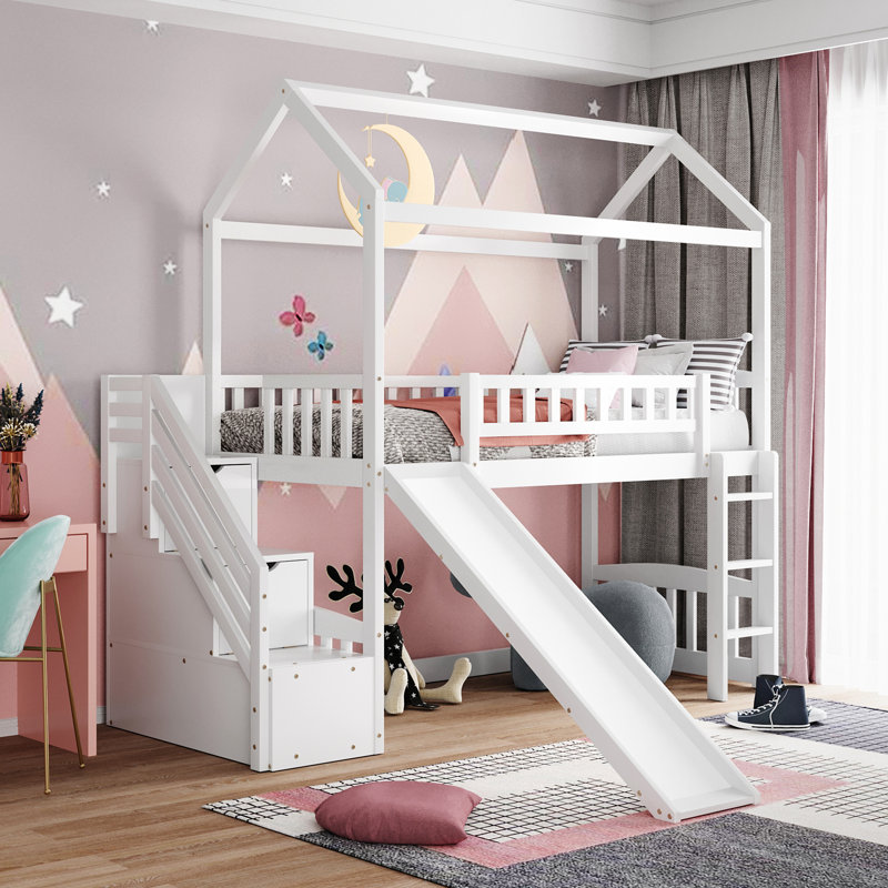 Twin Loft House Bed With Slide & Storage Steps, Solid Wood Frame, White