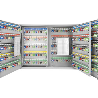 Armoire à clés murale avec serrure - 400 clés, acier gris, réglable, étiquettes colorées pour un tri facile, serrure de fixation murale, rangement organisé