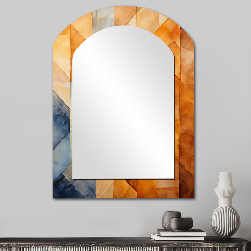 Topaz Tessellation I - miroir mural à formes abstraites, miroir décoratif asymétrique jaune, impression sur métal