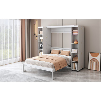 Grand lit blanc, élégant et pratique, avec lit escamotable latéral pour maximiser l'espace, solution de rangement à pousser, système hydraulique pliable