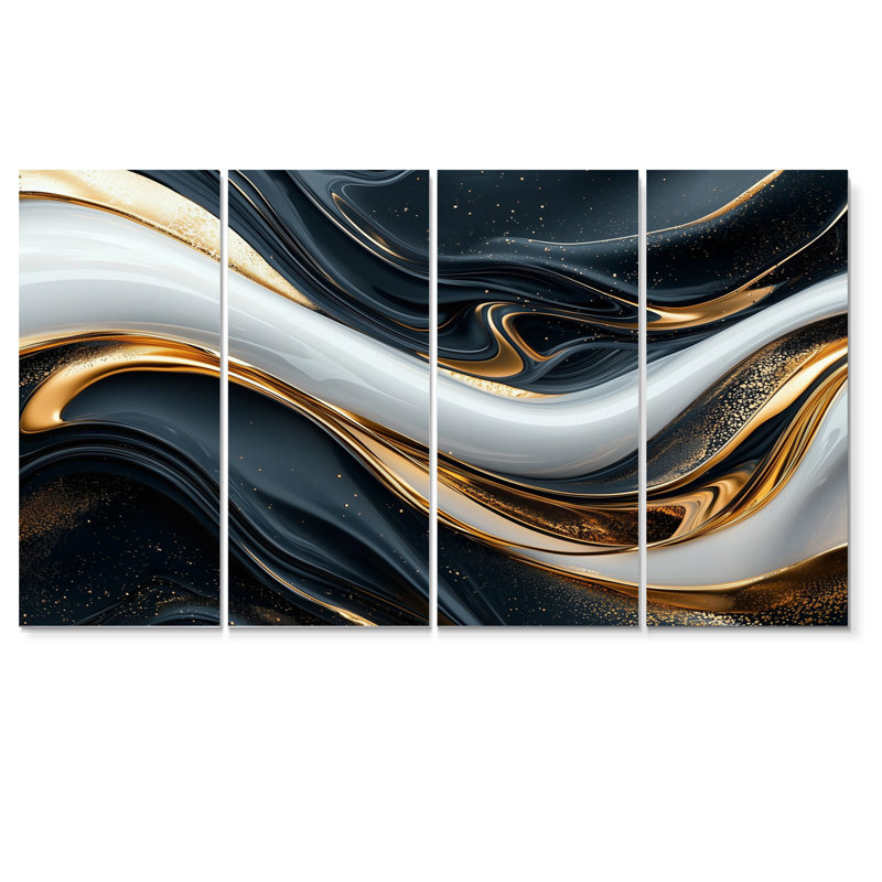 Captivating Gold and Black Marble II - Abstract Modern Waves, impression d'art mural, H 32 po x l 64 po