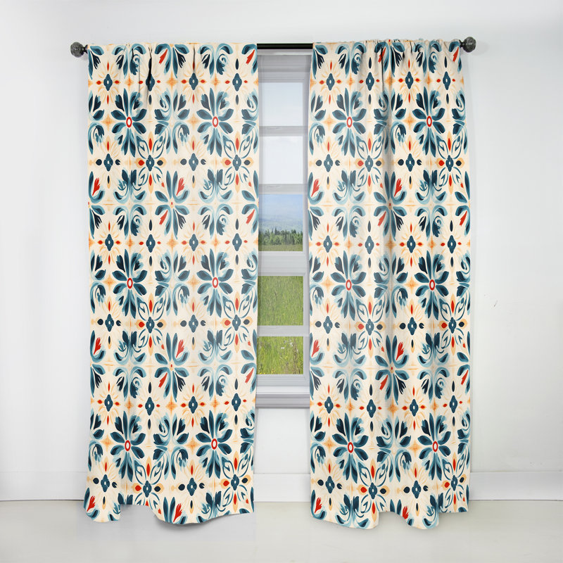 Rideau obscurcissant damassé marocain beige et bleu - 1 panneau, L 52 po x L 84 po