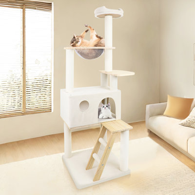 Tour à chat en bois de 165 cm avec un grand vaisseau spatial transparent - aspect élégant, doux pour les chats, arbre à 8 poteaux à griffer avec de grands animaux robustes de 20 lb félins, prêt pour les griffes