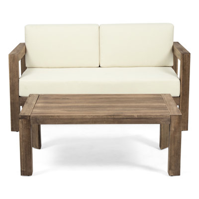 Wood Furniture: & Coffee Table With Cozy, Cushions, Beige Brown And Soft, Padding, Open Back Design