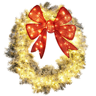 Couronne de Noël enneigée, plastique vert / blanc + métal - pour les décorations de fêtes intérieures / extérieures, blanc chaud / multicolore, 11 modes, arc rouge 3D, télécommande, étanche IP44