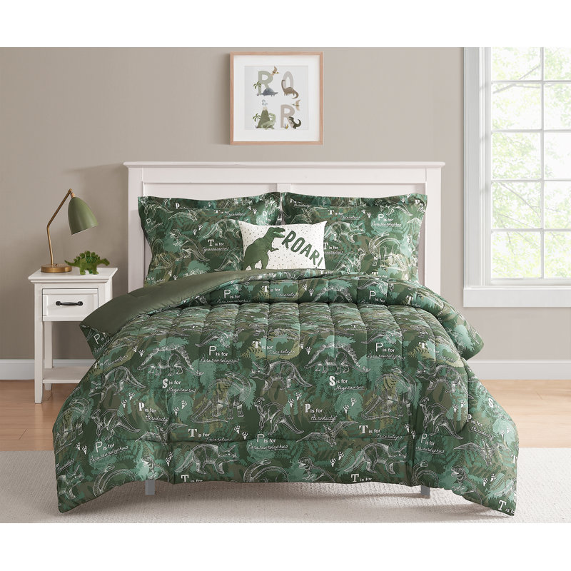 Dino Forest Green and White Microfiber Twin Comforter Set