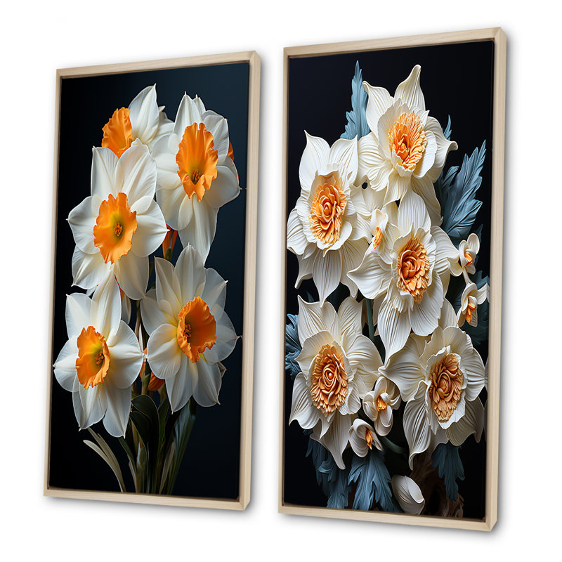 Jonquilles blanches et orange Bloossom - ensemble de 2 décorations murales jonquilles, Encadrement brun, H 28 po x l 25 po