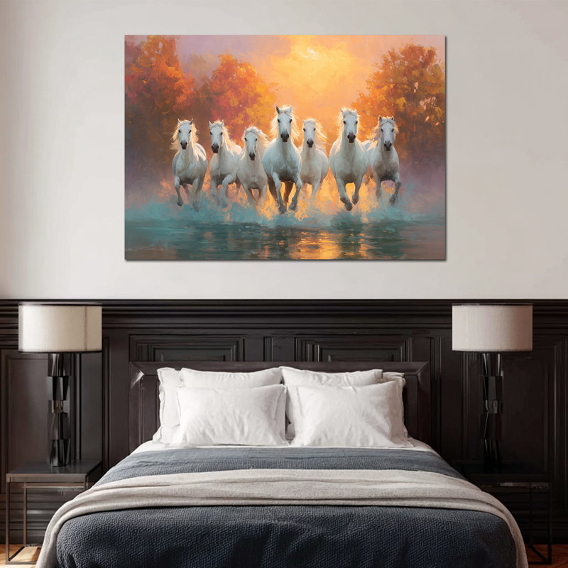 Cheval, art mural, 7 chevaux qui courent avec un cadre Vastu, décor de cheval, 7 chevaux qui courent, art mural sur toile pour grand salon, chambre à coucher, bureau 20 po x 30 po