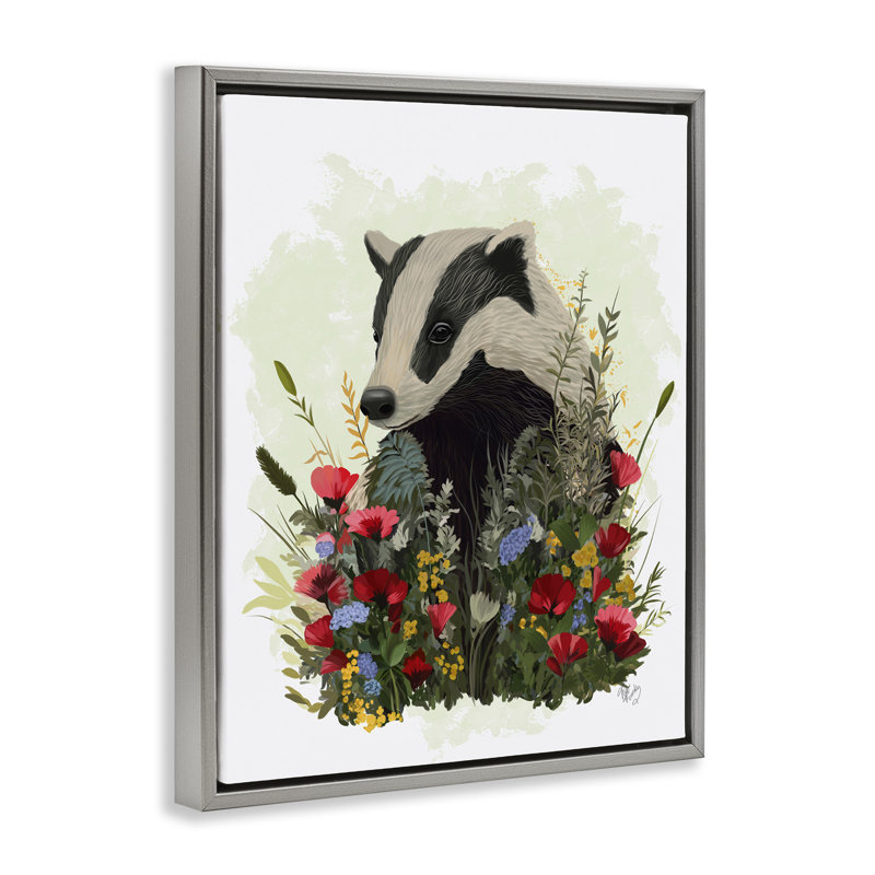 Art mural sur toile Badger with Poppy Blossoms par Fab Funky, H 31 po x l 25 po, Cadre flottant gris lustré