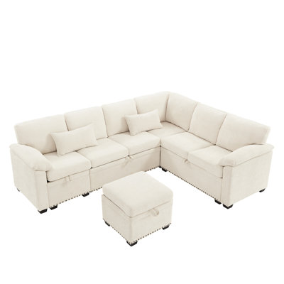 L-Shaped Chenille Sectional With 7 Seats, Storage, Beige , 97 Inch For Decor 7 Capacity And Storage