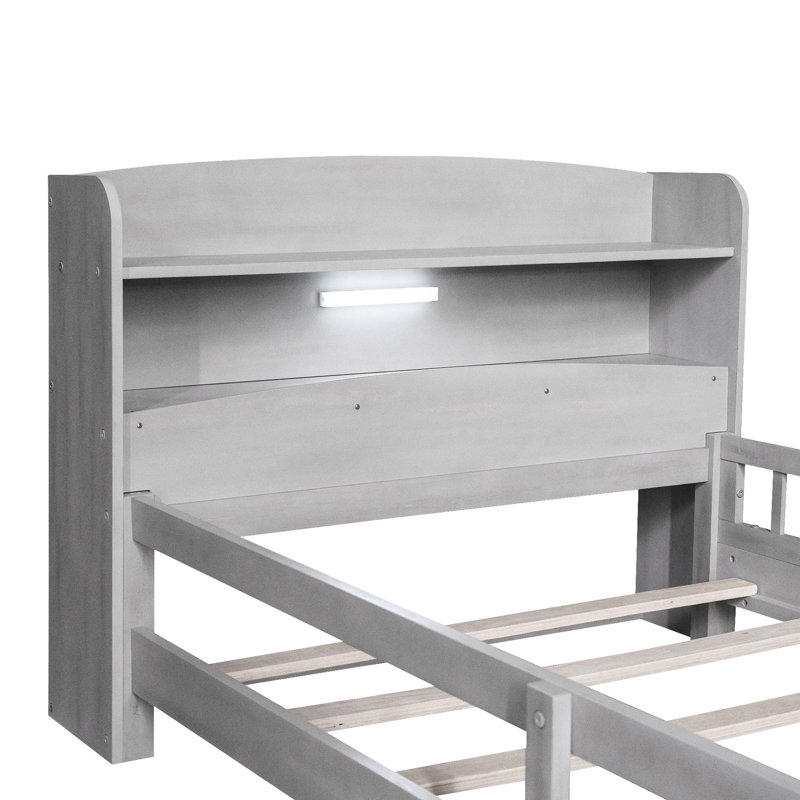 Lit plateforme simple gris antique avec rangement à DEL, tête de lit et garde-corps pour une nuit tranquille, Lit simple