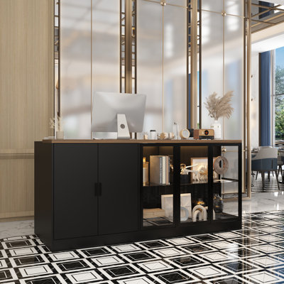 Modern Reception Counter Desk With Tempered Glass Display, Led Light, Spacious Storage, And Metal Slide Rails Modern Entryway Cabinet With Spacious Drawers - Sleek White Design