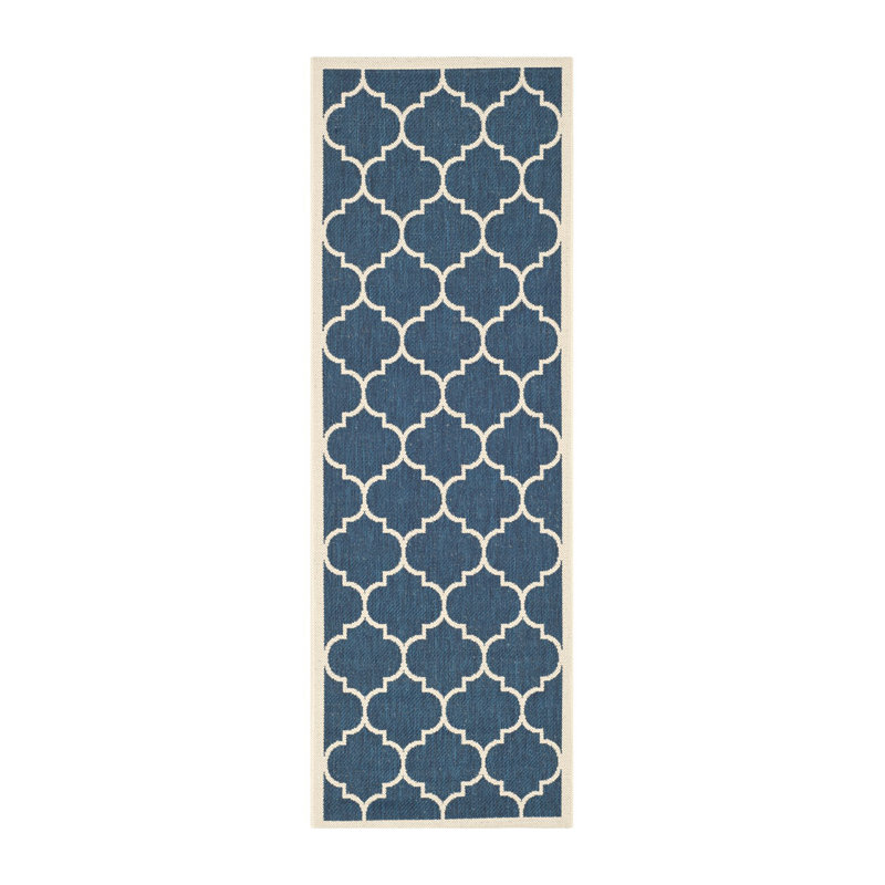 Courtyard Performance Geometric Indoor/Outdoor Area Rug, Runner 2'3" x 12', Beige/Navy