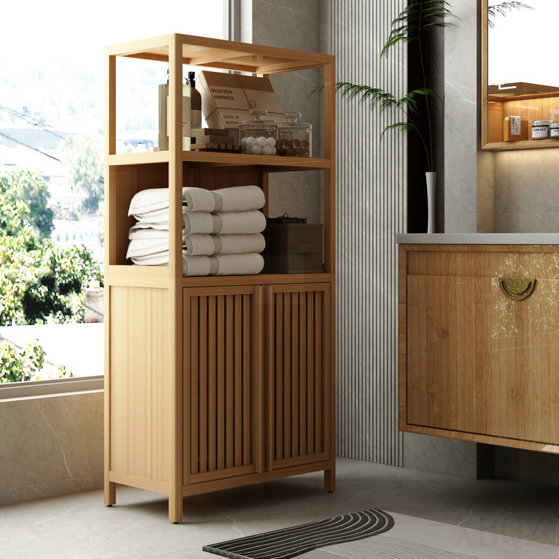 Armoire de rangement en bambou, armoire de salle de bain autoportante avec 2 portes, armoire de plancher pour le salon, la cuisine, le vestibule