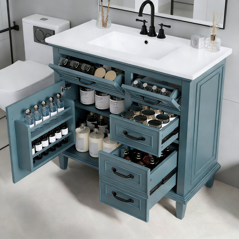 Bathroom Vanity with Sink, Flip Drawers and Adjustable Shelf, Blue Gray
