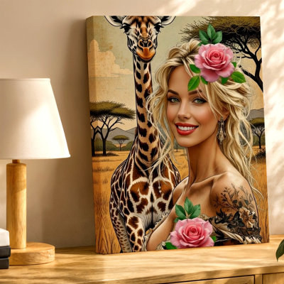 «Blond», femme avec girafe, roses roses et safari, reproduction d'art sur toile, rose, floral, botanique, décoration murale décorative inspirée des animaux pour le salon, le bureau de chambre à coucher, décoration florale