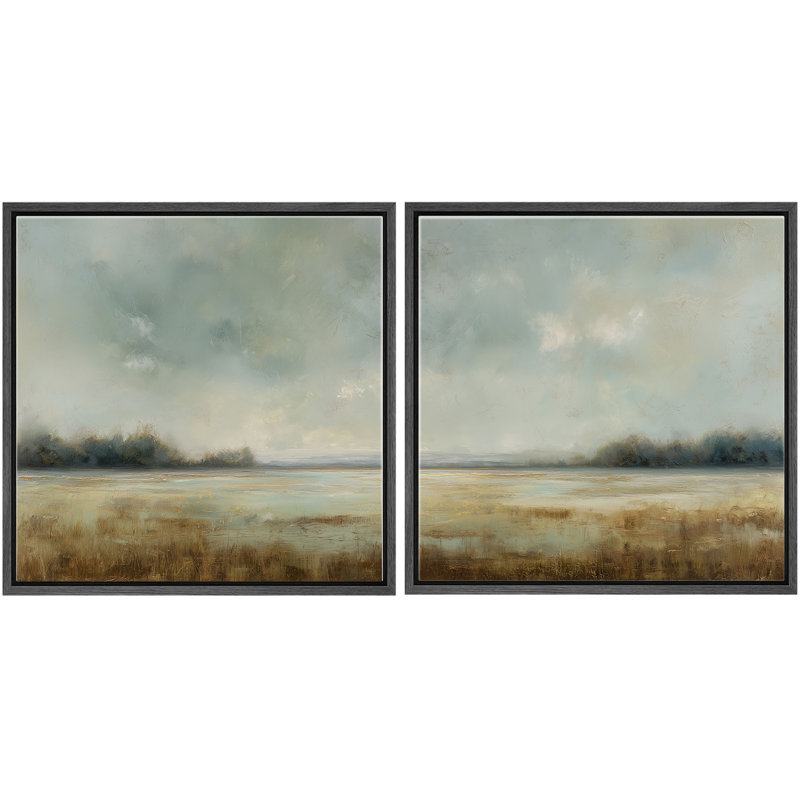 «Soft Mist Marshland Blue and Neutral Horizon Landscape», art mural encadré pour chambre principale, 2 pièces
