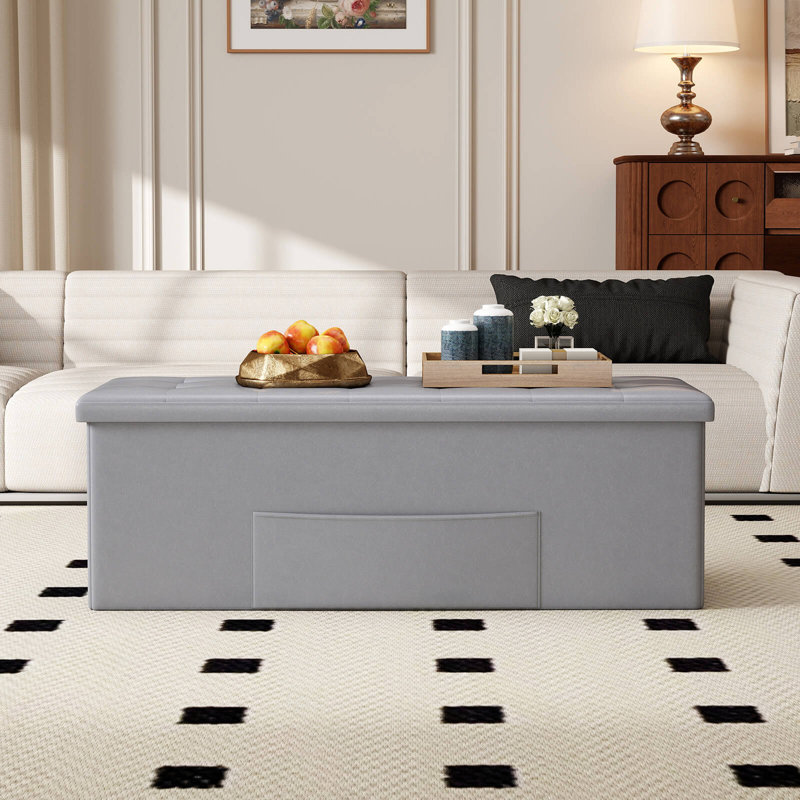 43 Inches Folding Storage Ottoman Bench with Side Pocket Storage Chest Dark Gray, Gray