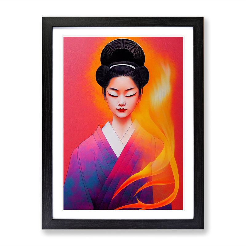 Geisha Flames - Single Picture Frame Painting, Black, 64cm H x 46cm W x 2cm D