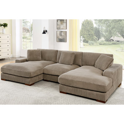 Double Chaise Sectional With Large Seating, Corduroy Material, 3 Seats, Camel Colour, Toss Pillows For Added Coziness, Adjustable Support, Easy Assembly Method - Shaded, Comfort Motivated, Included,