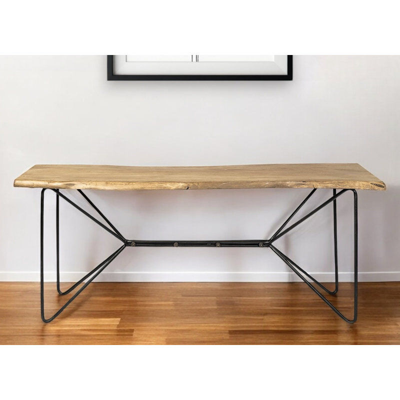 66" Natural and Black Solid Wood and Iron Abstract Base Console Table
