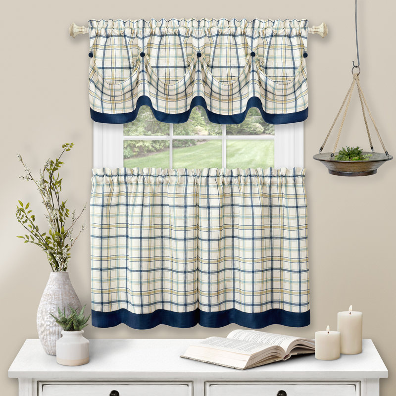 Rideau de café 24 po Berene Tattersall, L 24 po x L 52 po, Bleu marine