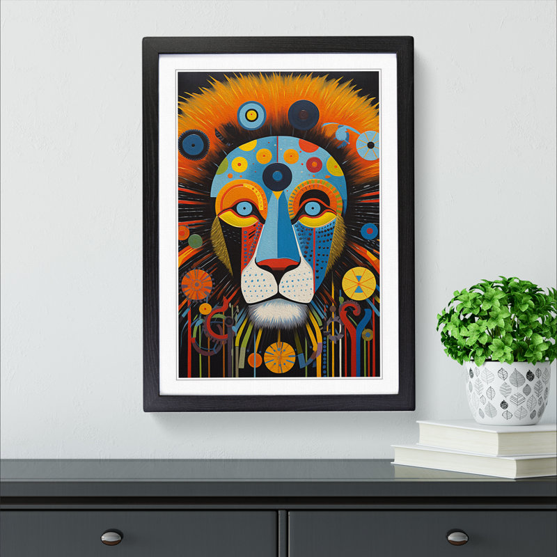 XYZ-FRM-V1223-4254 Lion Constructivism No.2 - Single Picture Frame Print on Wood, 46cm H x 34cm W x 2cm D, Black