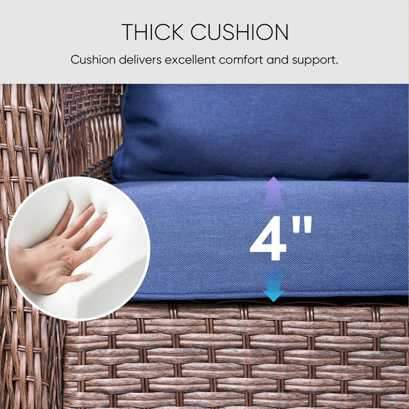Quirama All-Weather Rattan Outdoor Courtyard High Backrest Sofa With Cushions, Blue Cushion/Brown Frame