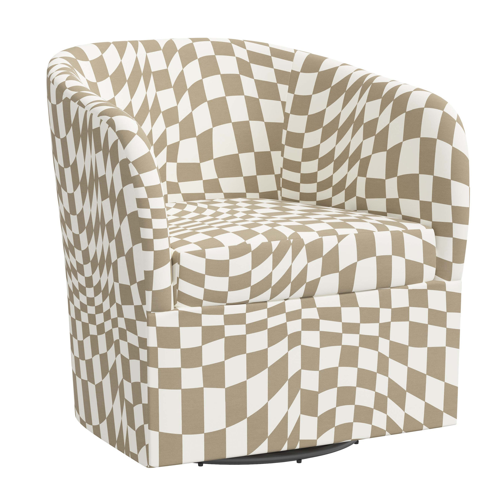 Lesia Upholstered Swivel Barrel Chair, Groovy Tan Checkered