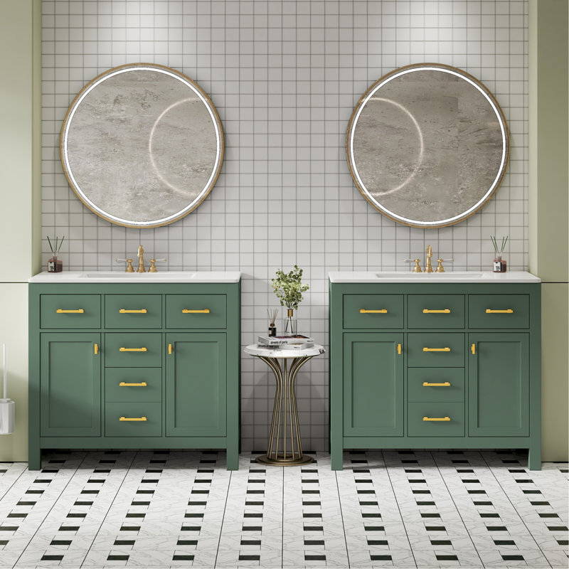 Ensemble de meuble-lavabo 72 po avec lavabo en céramique (séparé), meuble-lavabo simple autoportant moderne avec tiroirs et armoires, meuble de rangement pour la salle de bain, ensemble de meuble-lavabo avec cadre en bois massif, vert