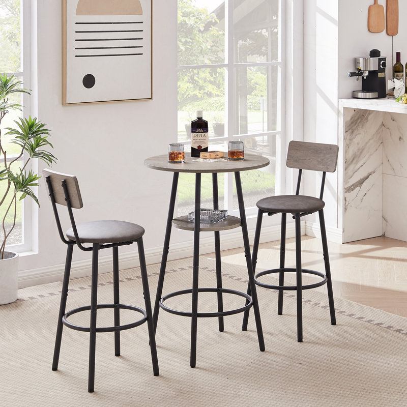 Round Bar Stool Set With Shelf, Upholstered Stool With Backrest, 23.62" W X 23.62" D X 35.43" H., Gray, Gray