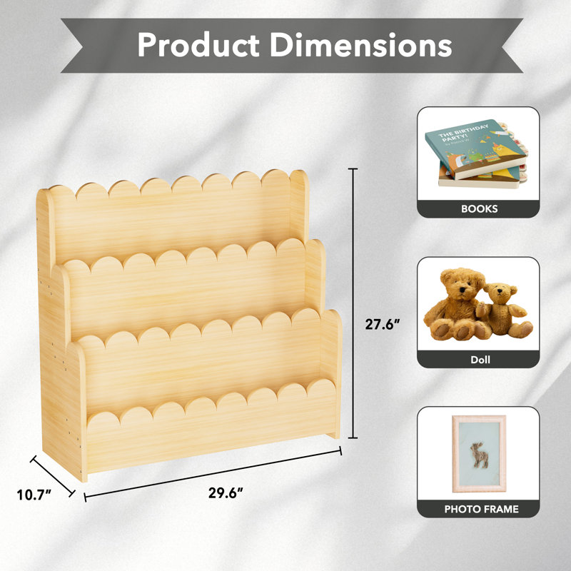 3-Tier Scalloped Bookshelf, Montessori Toddler Bookcase, Wooden Kids Book Shelf Organizer for Nursery, Playroom & Classroom