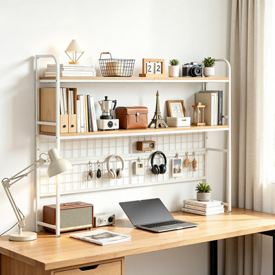 45.3" W Over Desk Bookshelf, 2-Tier Desktop Hutch with Metal Frame and Shelves, Above Desk Storage Organizer with Back Grid Panel for Office, Dorm Room, Study Room, Computer Desk
