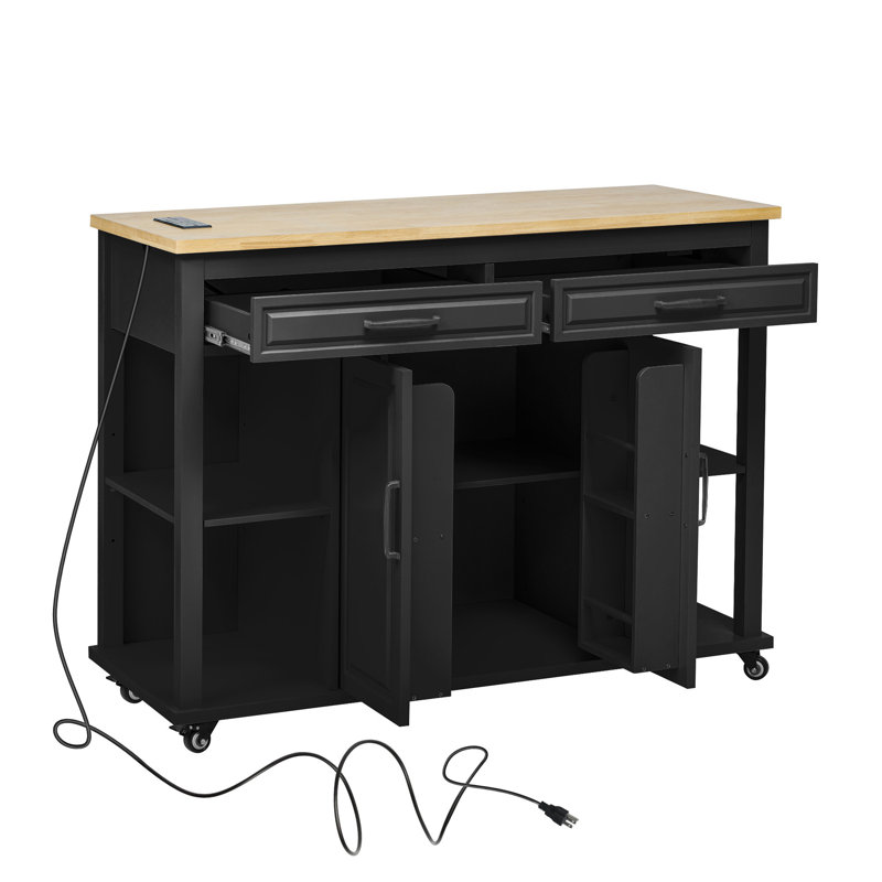 Îlot de cuisine 47 pouces avec table de salle à manger extensible, Noir