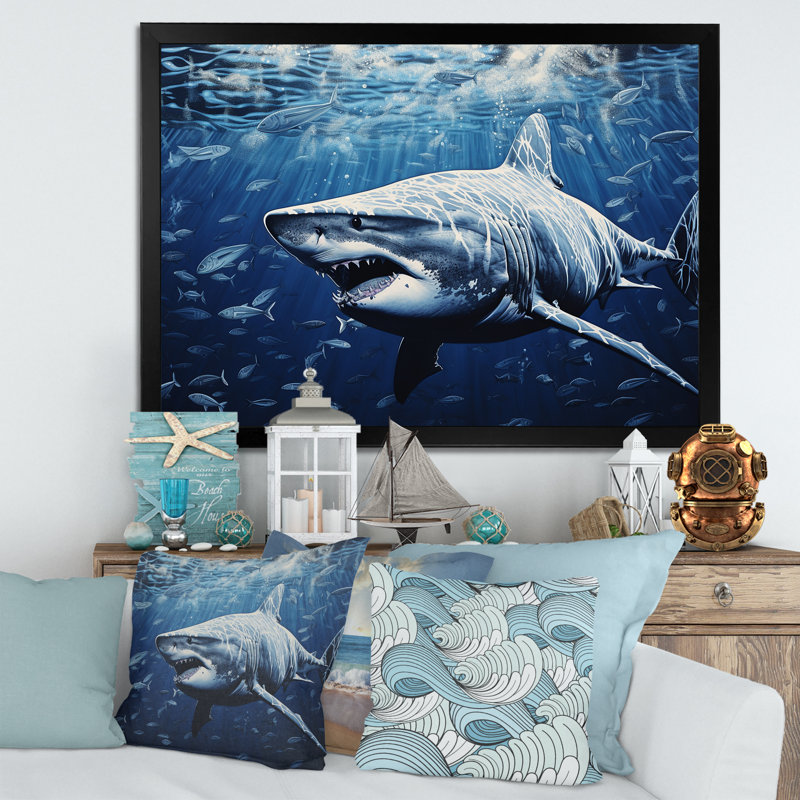 " Bull Shark Depths Photography ", 16" H x 32" W x 1" D, Black Single Picture Framed