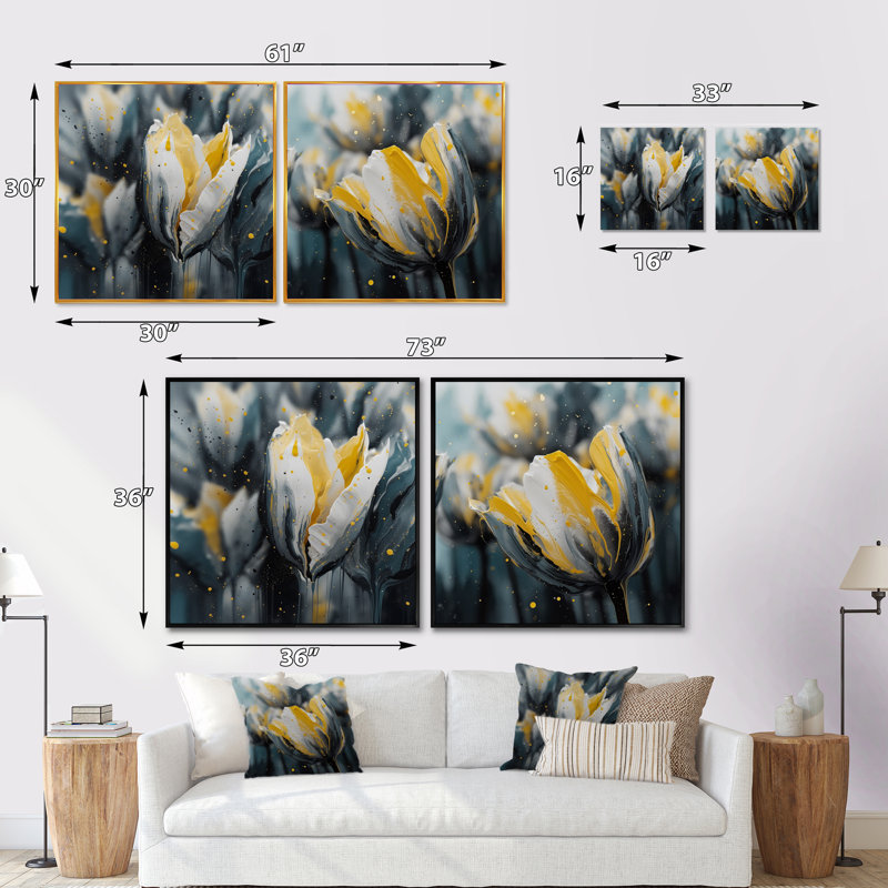 Tulipe grise Serenity - ensemble de 2 tulipes carrées, Cadre flottant noir, H 16 po x l 33 po