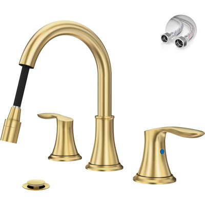 Robinet de salle de bain espacé avec douchette rétractable 8 pouces - Or brossé 2 poignées 3 trous, sans plomb, avec bonde escamotable en métal et conduites d'alimentation en eau