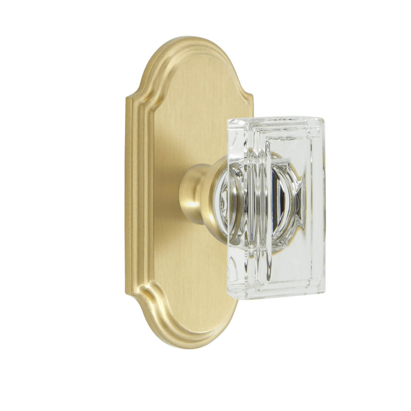 Grandeur Concealed Screw Mechanism Rectangular Knob with Arch Rosette, Satin Brass
