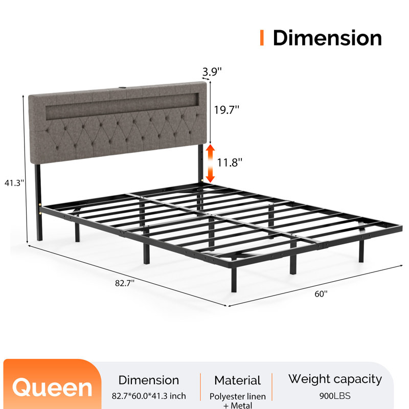 Floating Bed Frame With Charging Station, LED Bed Frame With Flexible Headboard, Queen