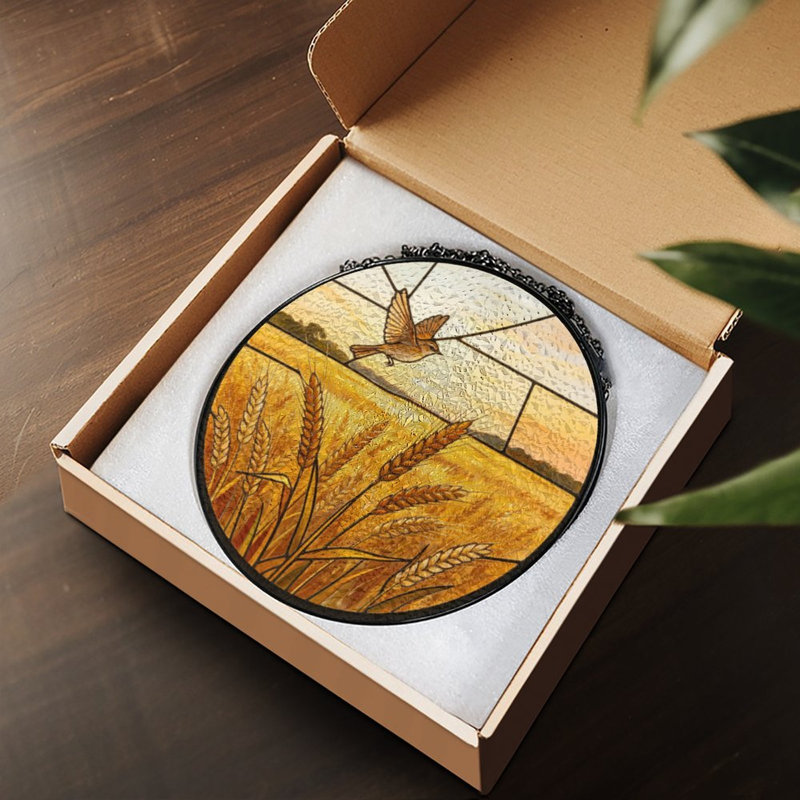 Vitrail style champ de blé avec panneaux volants vitrail oiseau pour décoration de fenêtre, 7.8x7.8in(20x20cm)