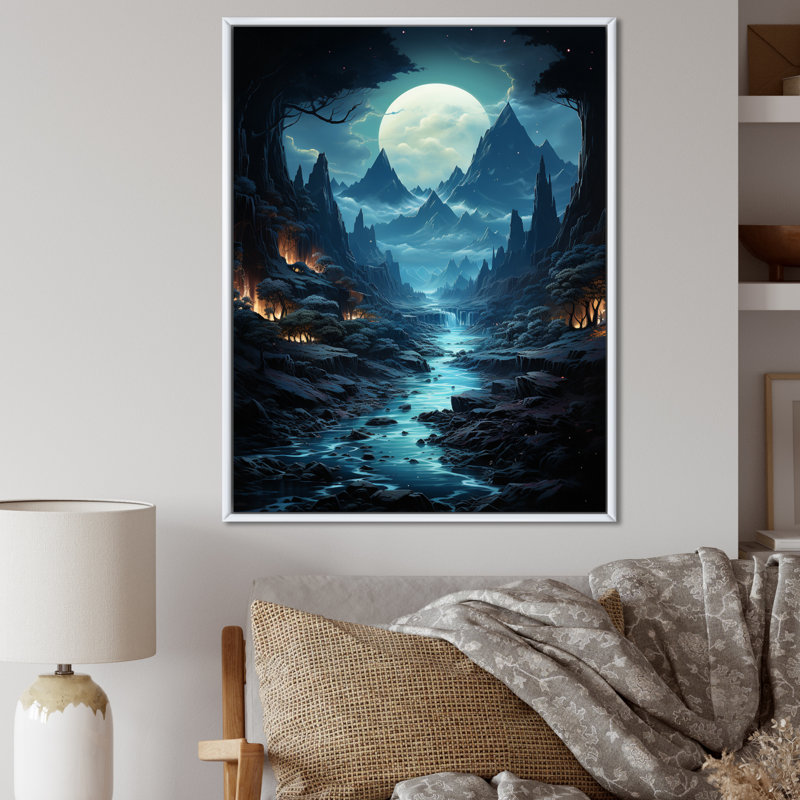 Blue Moon Mountain Landscape - impression, Cadre flottant blanc, H 20 po x l 12 po x P 1 po