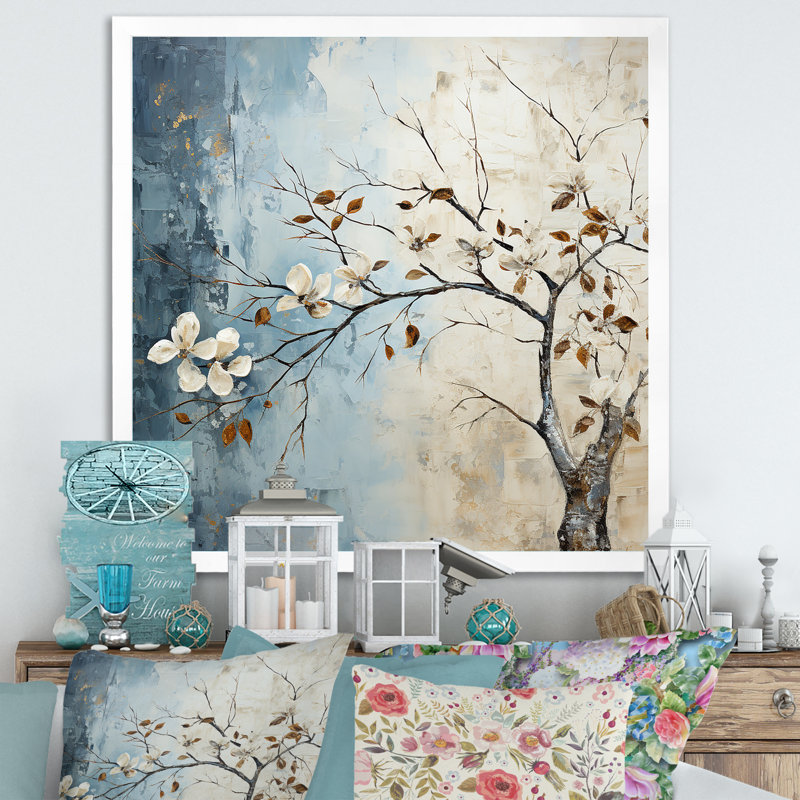 Feuille et fleur en hiver, Cadre simple blanc, H 30 po x l 30 po x P 1 po