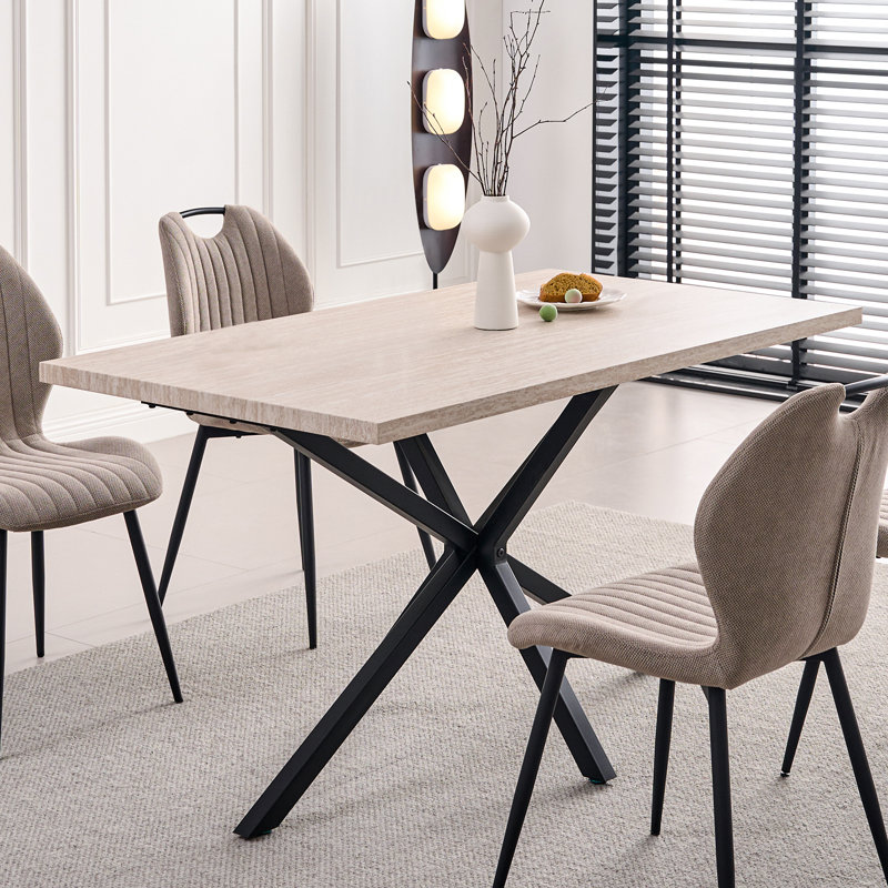 55.1" Rectangle Dining Table for 2 4, Small Mid Century Modern Kitchen Table with Metal Cross Legs for Apartment, Dining Room
